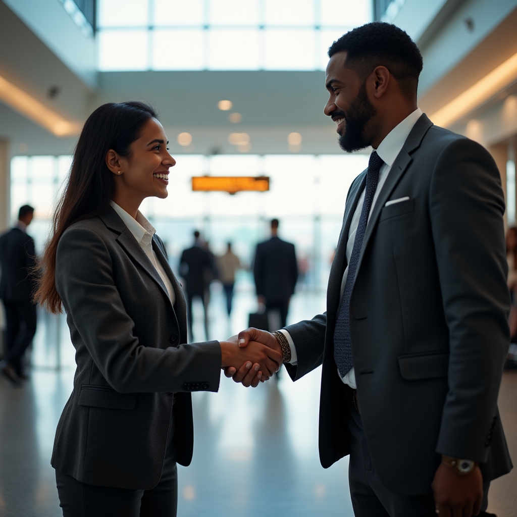 Driver greeting an arriving employee at Bucharest airport arrivals hall