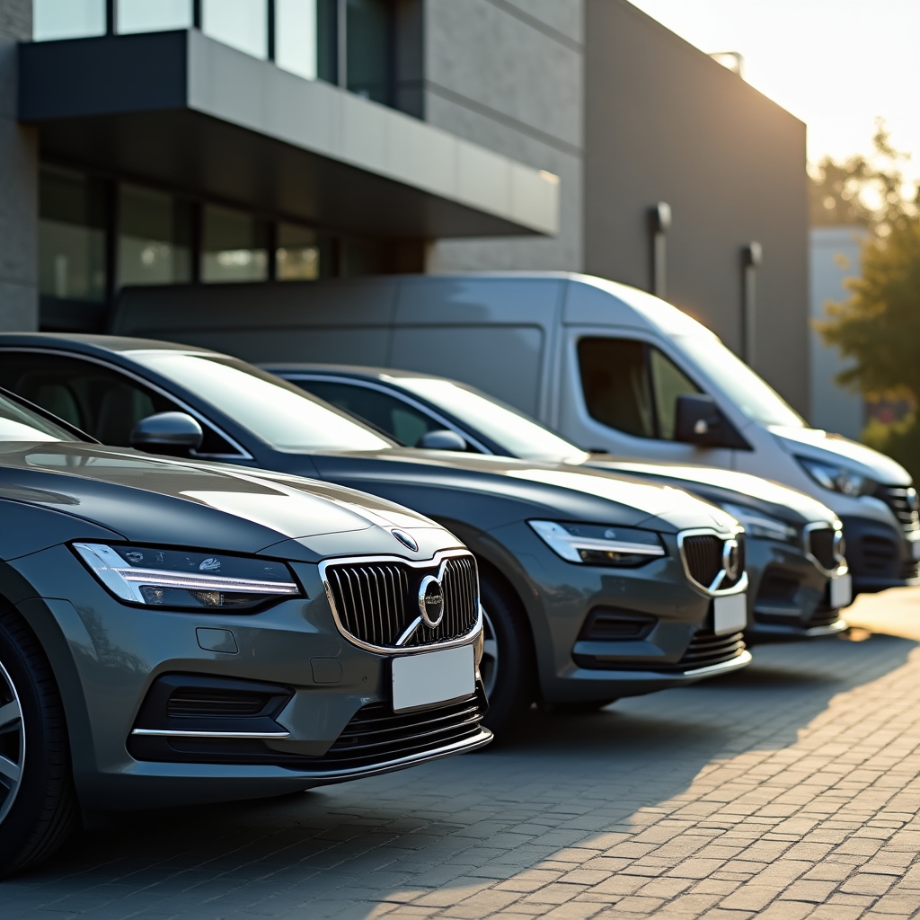 A row of sedans and a van used for airport transfers, parked outside an office building