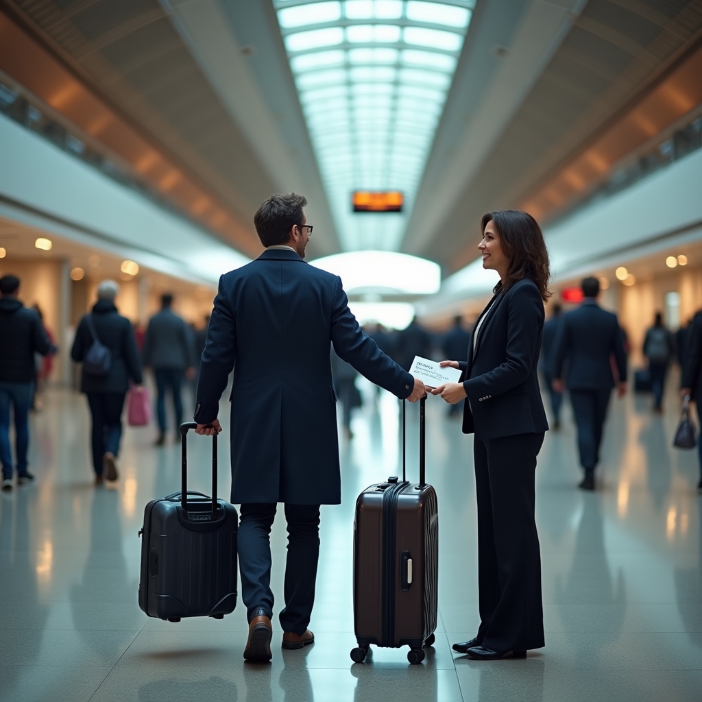Traveler arriving at Bucharest airport with luggage, greeted by a coordinator