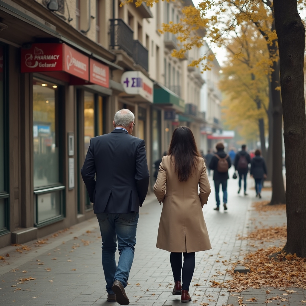 Coordinator walking with an employee past local shops in a Bucharest neighborhood