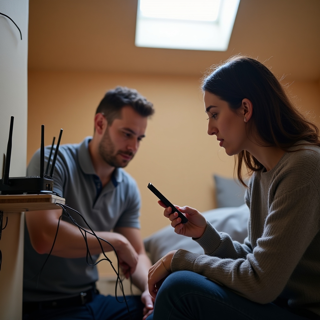 Technician installing home internet router while employee looks on